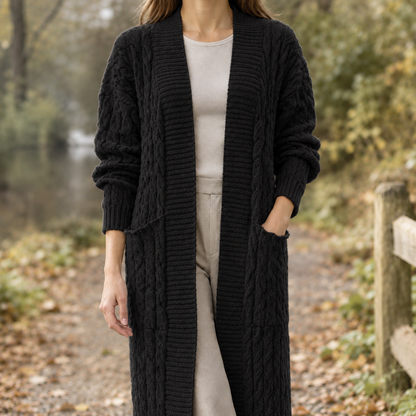 Womens Cable Knit Longline Cardigan — Open Front, Ankle Length 4