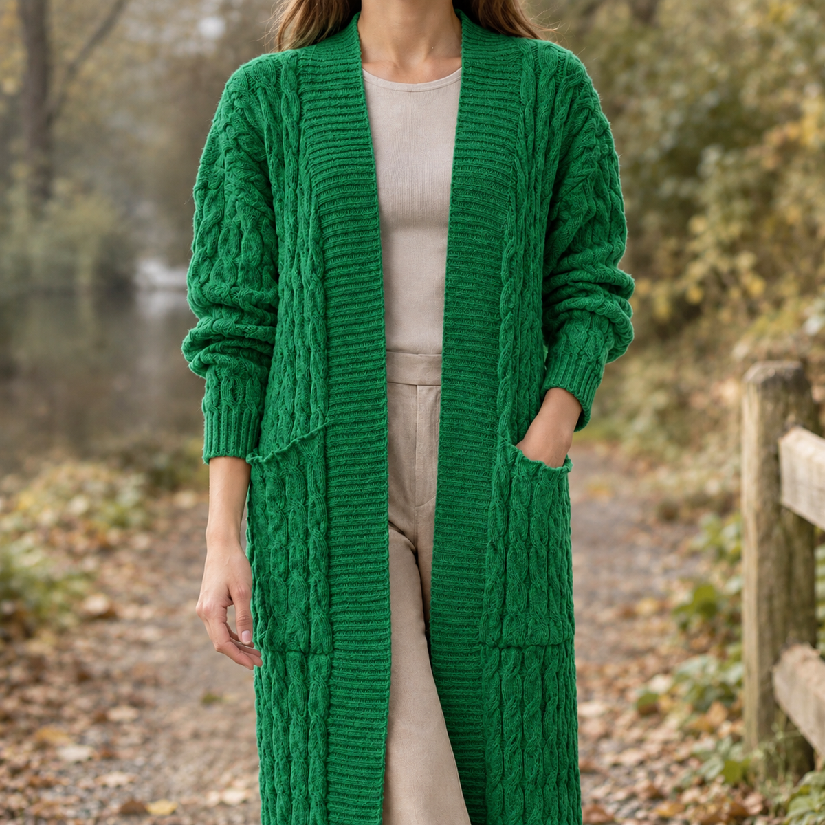 Womens Cable Knit Longline Cardigan — Open Front, Ankle Length 6