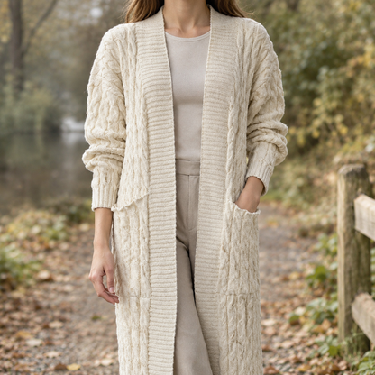 Womens Cable Knit Longline Cardigan — Open Front, Ankle Length 1