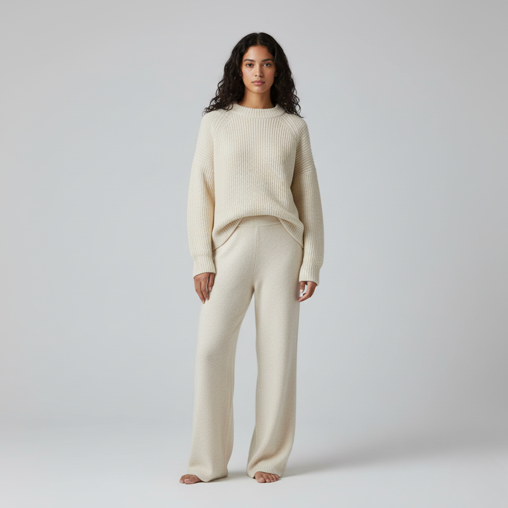 Womens Cream Knit Lounge Set — Relaxed Fit Co-ord 1