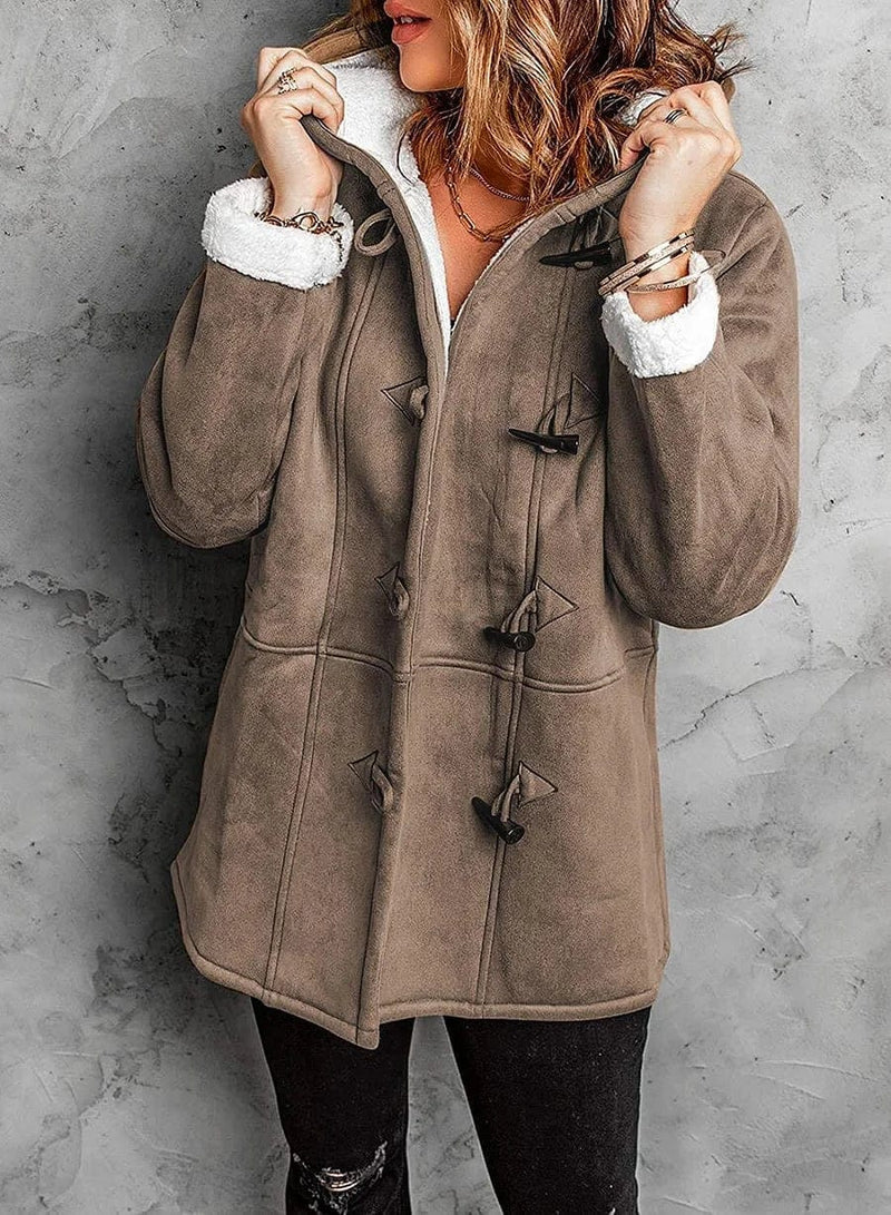 Womens Hooded Duffle Coat with Sherpa Lining & Toggles 7