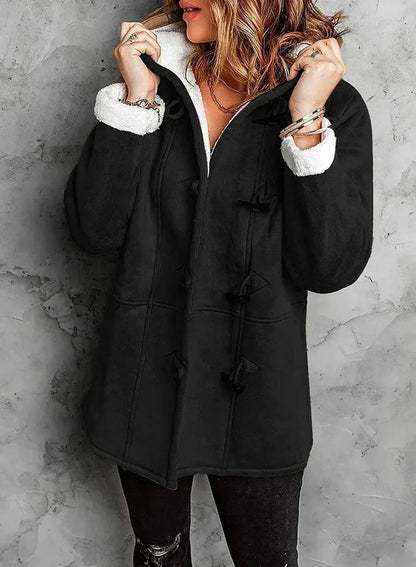 Womens Hooded Duffle Coat with Sherpa Lining & Toggles 1