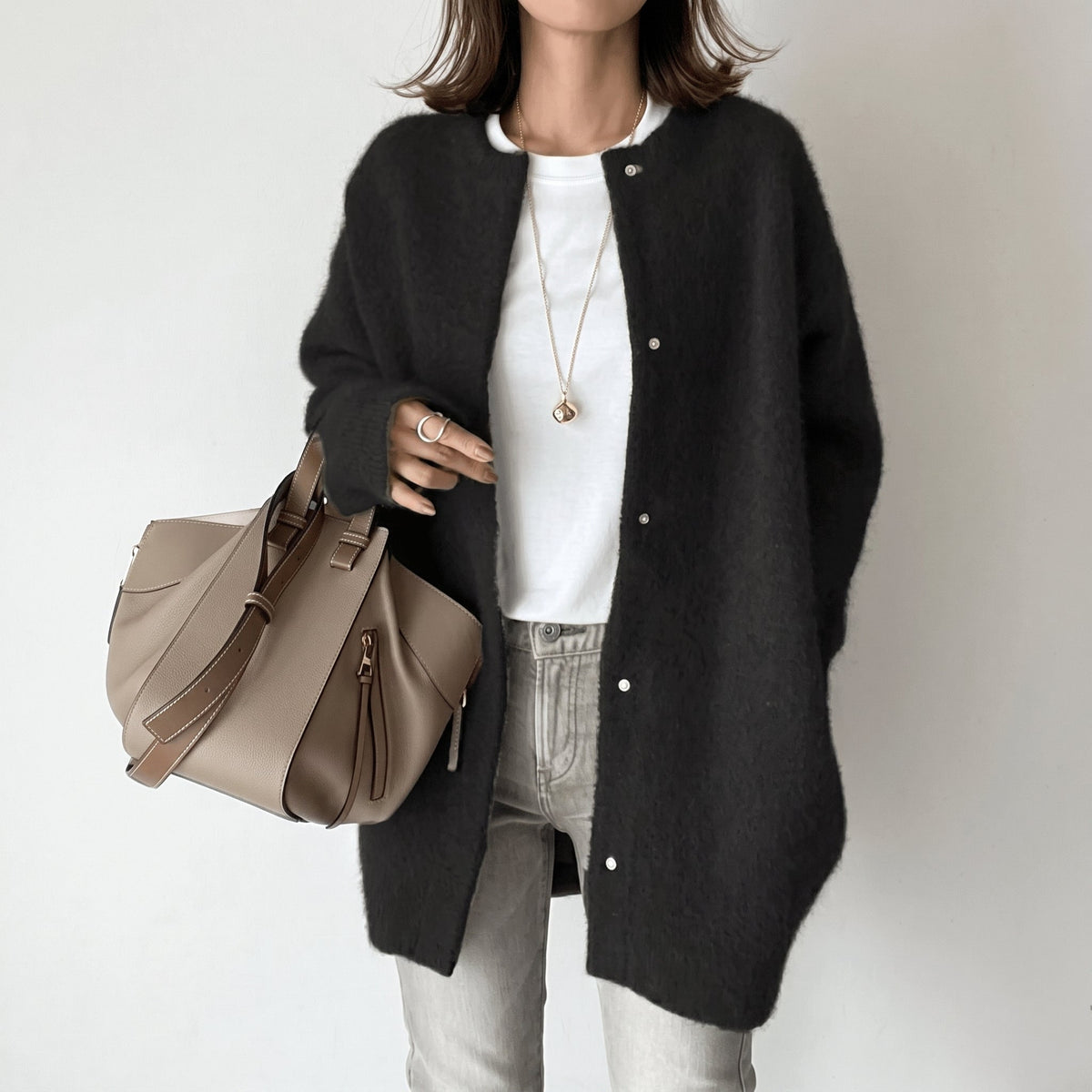 Womens Longline Snap-Button Cardigan — Round Neck 2