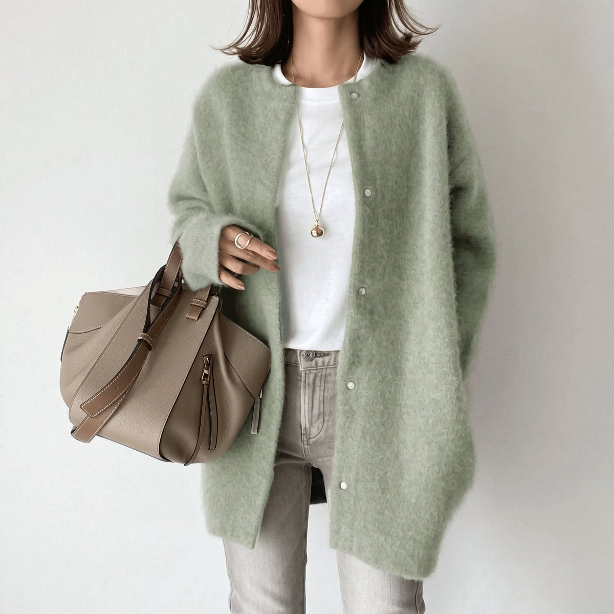 Womens Longline Snap-Button Cardigan — Round Neck 5