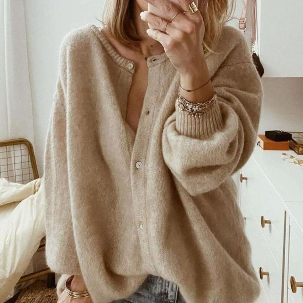 Womens Oversized Knit Cardigan — Button-Up with Ribbed Cuffs 1