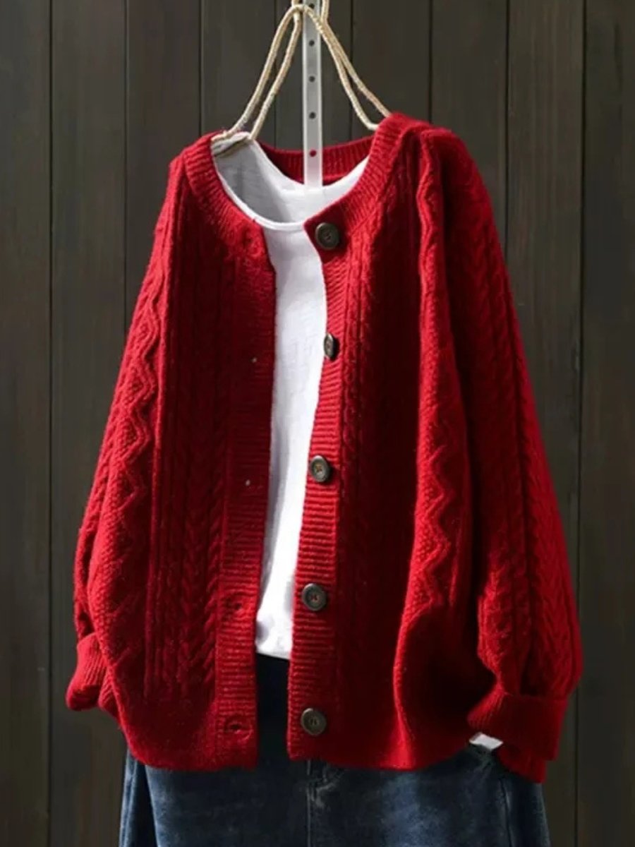 Women's Oversized Cable-Knit Button-Down Cardigan in Red