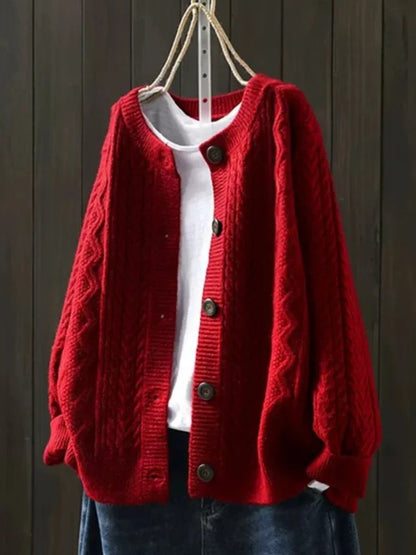 Women's Oversized Cable-Knit Button-Down Cardigan in Red