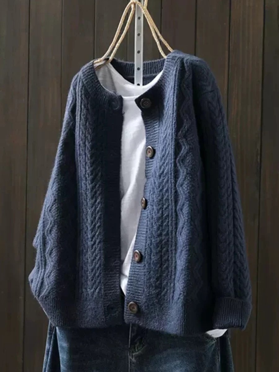 Women's Oversized Cable-Knit Button-Down Cardigan in Navy Blue