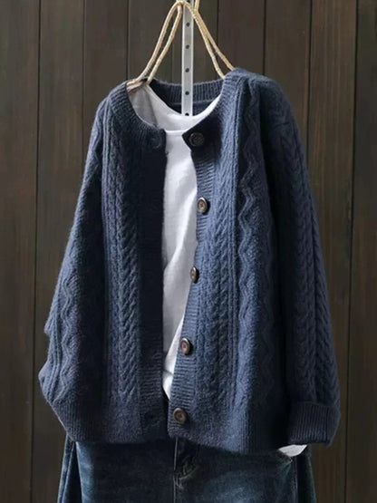 Women's Oversized Cable-Knit Button-Down Cardigan in Navy Blue
