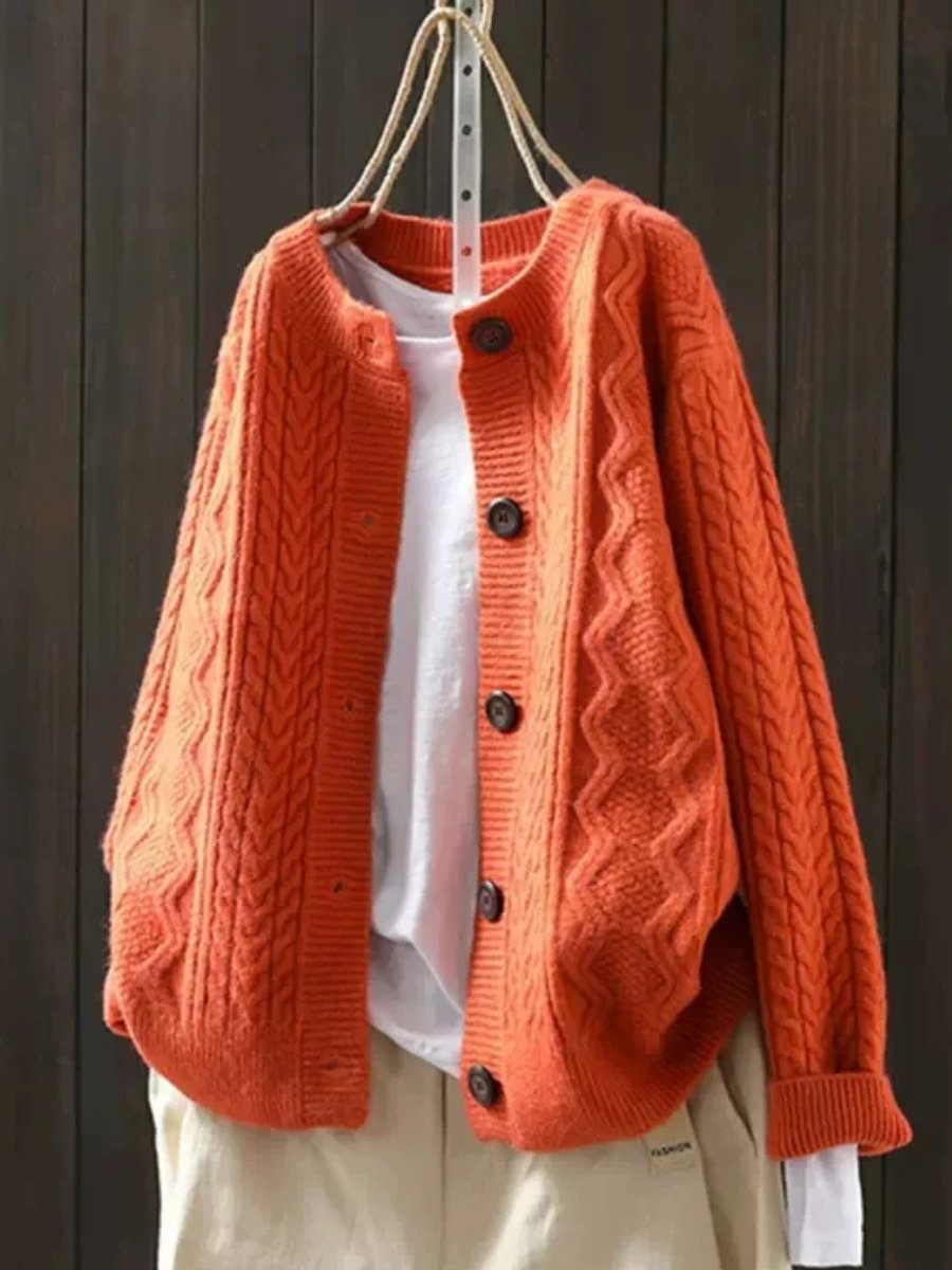 Women's Oversized Cable-Knit Button-Down Cardigan in Orange