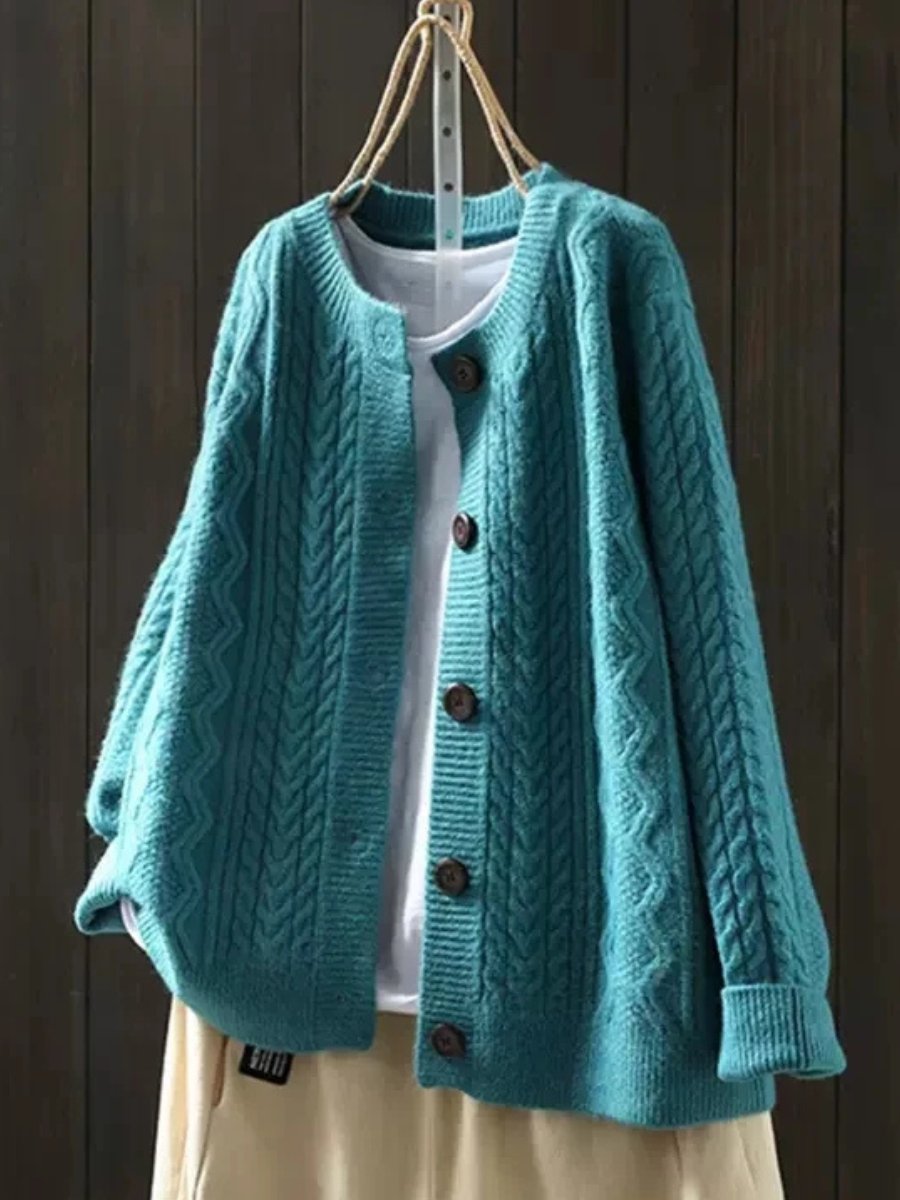 Women's Oversized Cable-Knit Button-Down Cardigan in Teal