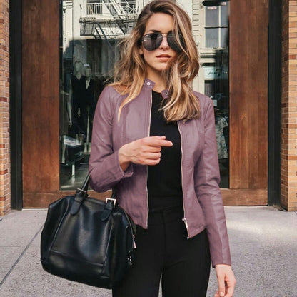 Slim Fit Zip-Up Faux Leather Jacket for Women in Purple