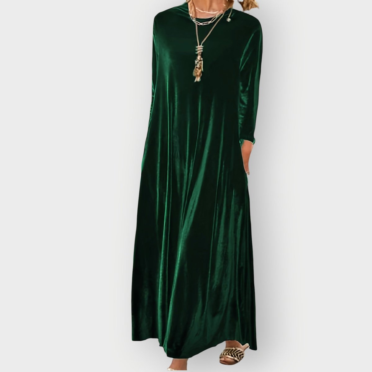 Velvet Maxi Dress with Long Sleeves, Crew Neck and Side Pockets in Dark Green
