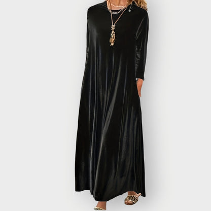 Velvet Maxi Dress with Long Sleeves, Crew Neck and Side Pockets in Black